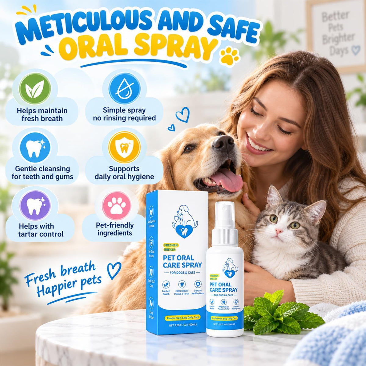 Pet Oral Care Spray, Dog & Cats Dental Spray for Dog Teeth Cleaning, Daily Dog Dental Care Cat Dental Care Solution, Breath Freshener & Plaque Tartar Control, Gum Health Support
