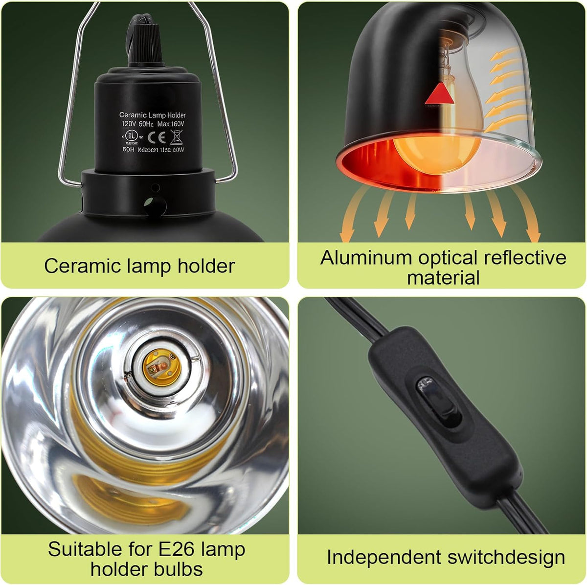 2-Pack Reptile Light Fixture 5.5in Deep Dome Reptile Lamp Fixture Heat Lamp Fixture for Heat/UVA/UVB Bulb Basking Lamp Max 160W for Reptile Habitat