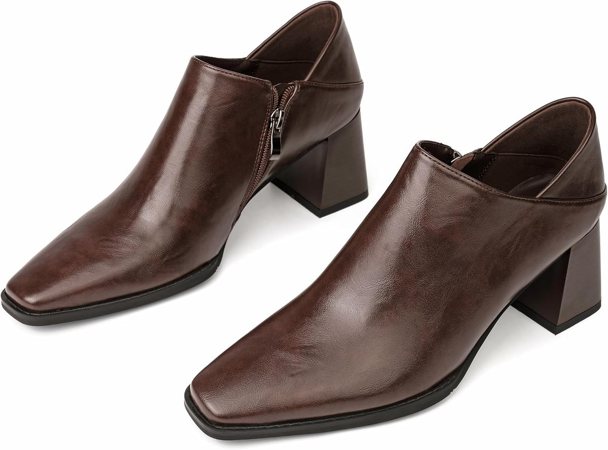 Women's Dress Shoes Chunky Heel Loafers, Faux Leather Zipper Pumps