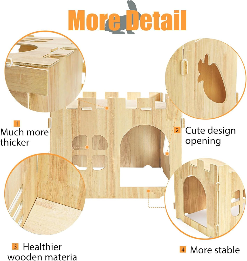 WUWEOT Large Wooden Rabbit House, 15.3''x11.3''x11.8'' Wood Bunny Hideout Castle, Small Animal Play Hideaway Hut and Playhouse for Indoor Adult Bunnies Guinea Pig Hamster Chinchilla Gerbil