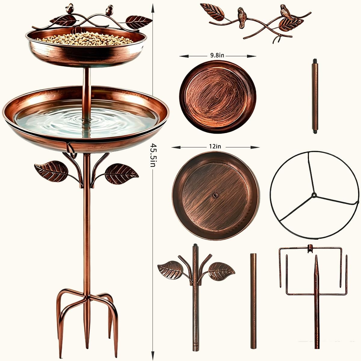 Bird Bath for Outside, 45In Vintage Freestanding Birdbaths for Outdoors, Double Metal Bird Bath Feeder Bowls for Garden Patio Yard Lawn Decor (Bronze)