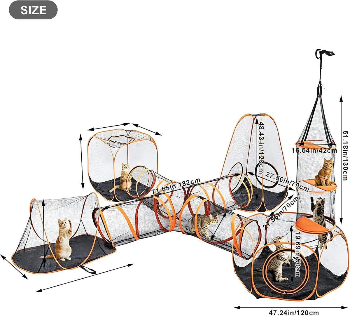 6-in-1 Modular Cat Playground with Hanging Climbing Tunnel,Large Cat House Condo & Enclosure for Multiple Cats,Portable Cat Activity Center with Cube Tents & Y-Tunnel for Cats,Rabbits & Small Animals