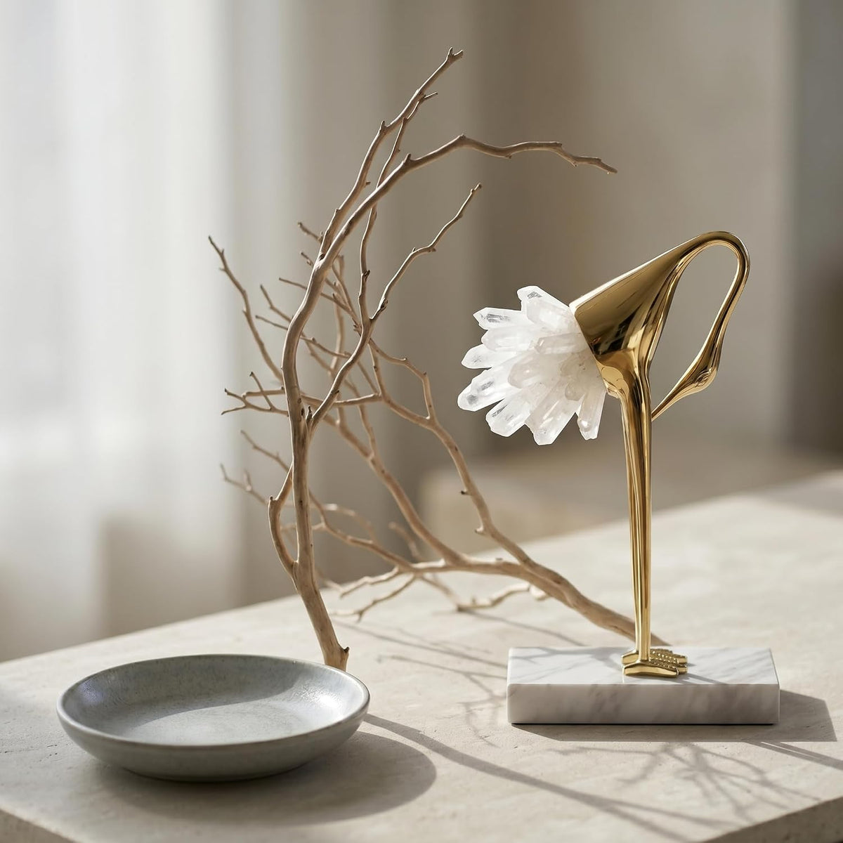 Elegant Gold Crane Bird Statues with Crystal Tail Accents, Decorative Brass Figurines for Home Decor (White C)