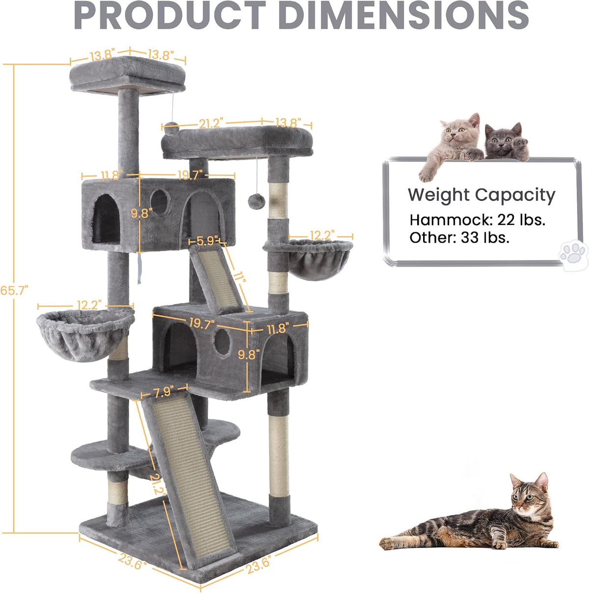 SHA CERLIN 65in Larger Cat Tree Tower Condo for Indoor Kitties/Multi-Level Furniture Activity Center with Wide Base/Cozy Plush Cat Perches/Baskets/Sisal Scratching Posts and Hammock/Grey