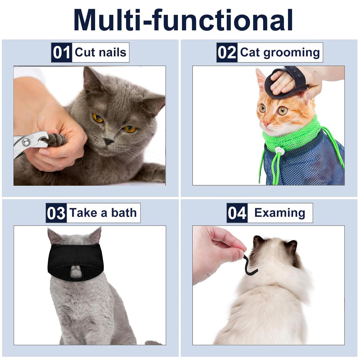 10 Pcs Cat Bathing Bag, Cat Shower Grooming Kit, Black and Blue