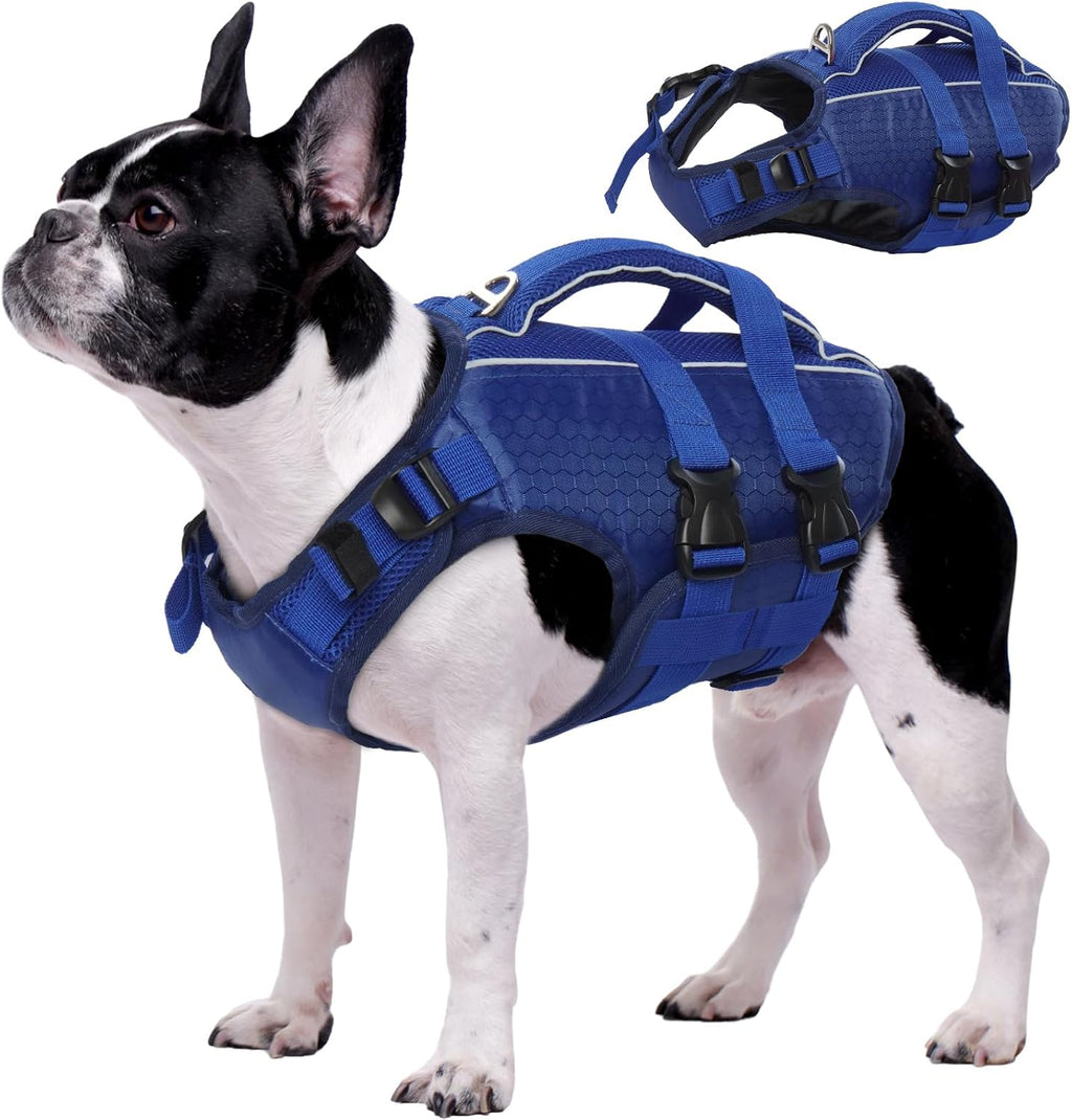 Kuoser Dog Life Jacket, High Flotation Reflective Dog Life Vest, Navy, M