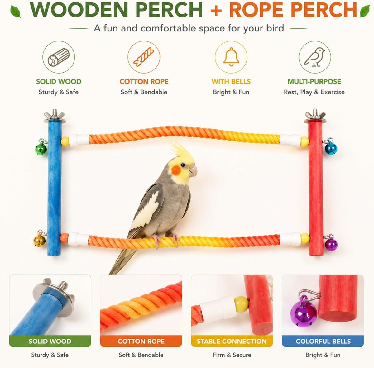 Bird Rope Perch for Cage, Climbing Perch with Bells, Long Activity Stand for Cockatiels, Conures, Parakeets and Budgies, Bird Cage Accessories for Climbing, Standing and Playing