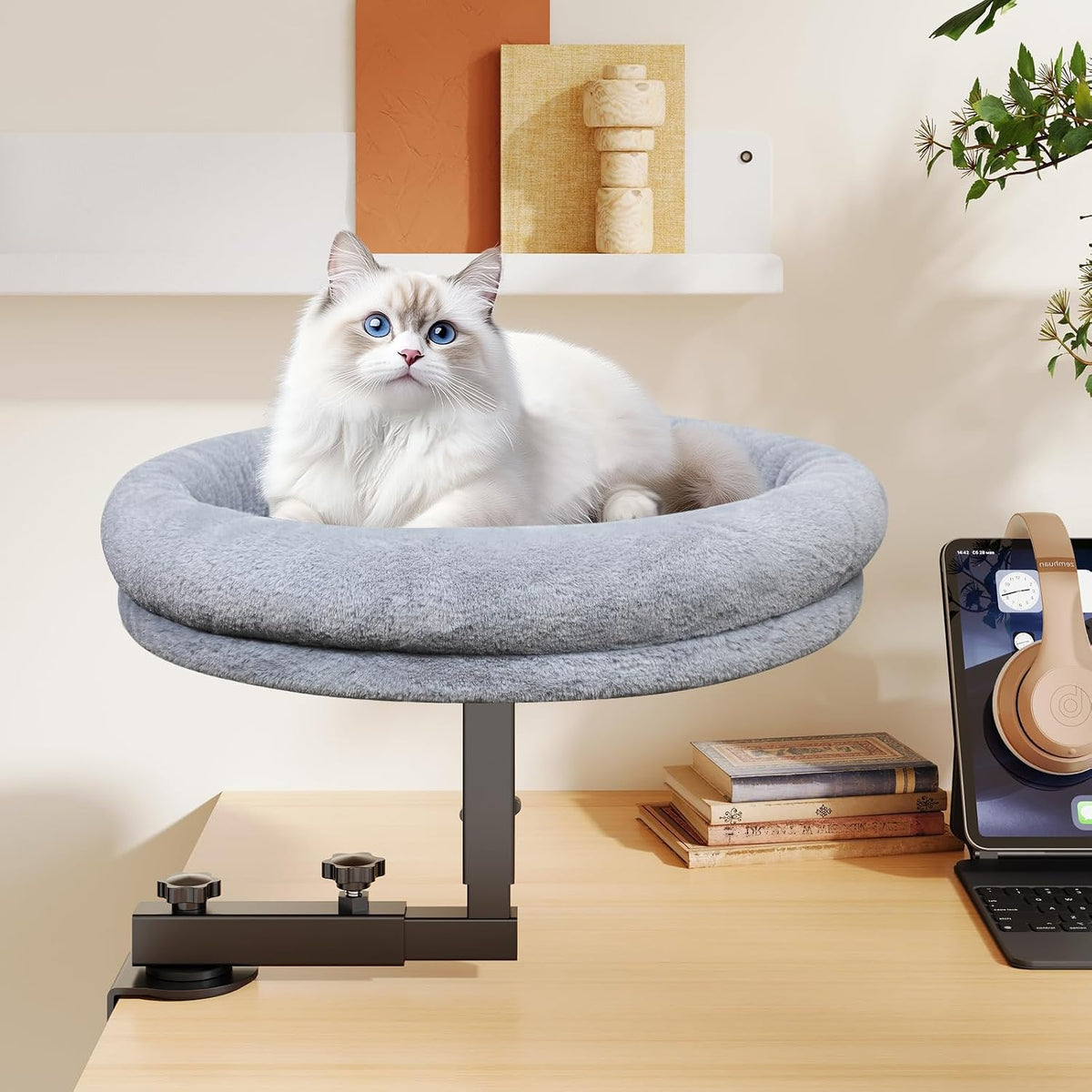 Desk Cat Bed, 18" Cat Bed for Desk, 360° Rotating, Dark Gray