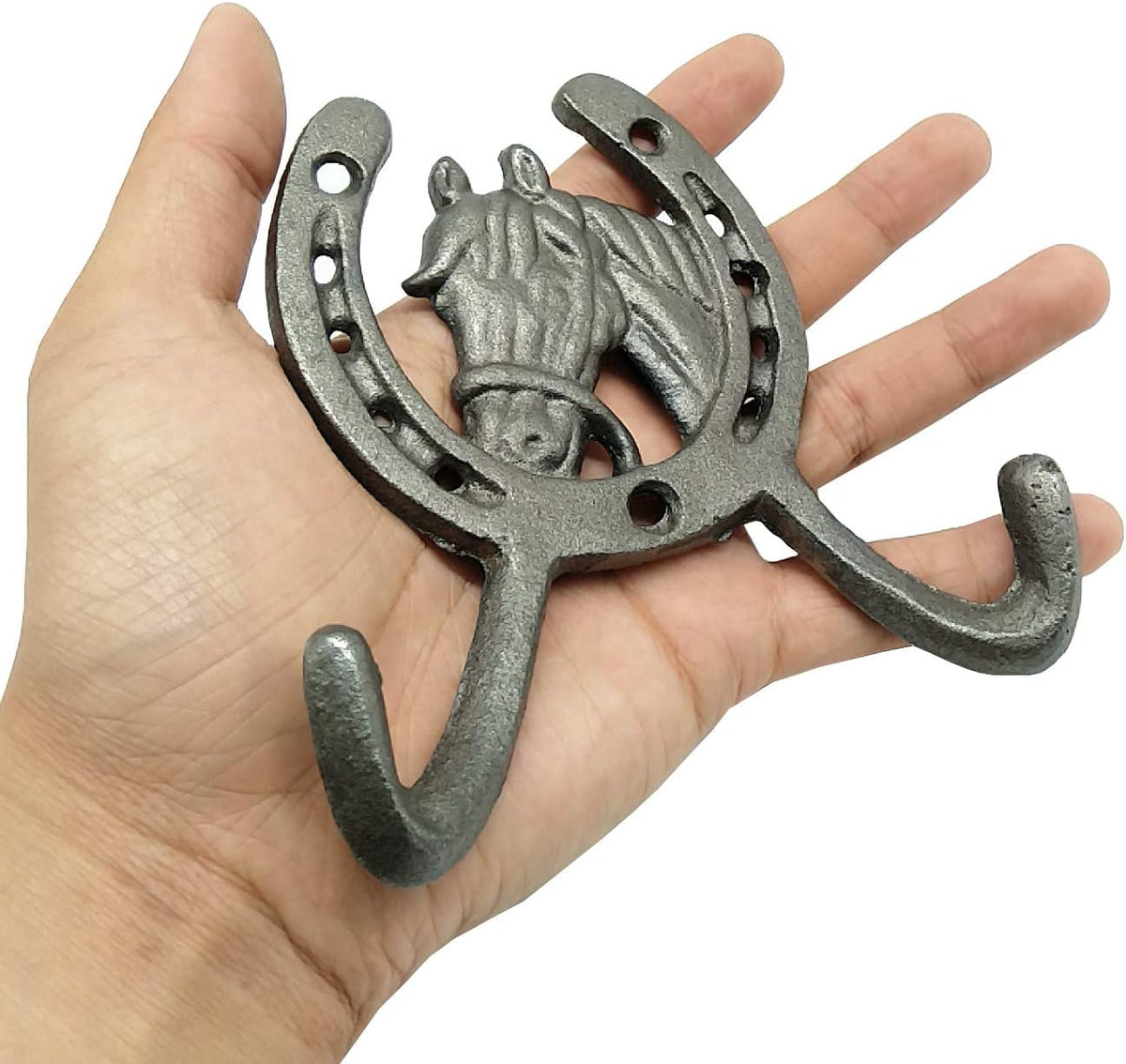 2PCS 4.5" Horse Head Horseshoe Western Double Cast Iron Wall Hooks, Horse Shoe with Horse
