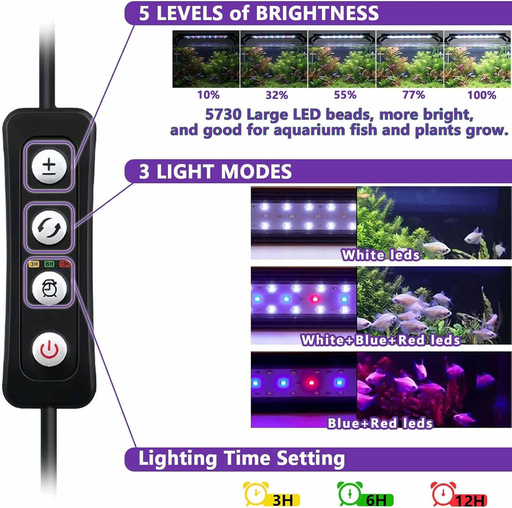 10W Full Spectrum Aquarium Light with Aluminum Alloy Shell Extendable Brackets, White Blue Red LEDs, Adjustable Brightness, Timer Controller, for Freshwater Fish Tank,Plant Light (11.8 inches)