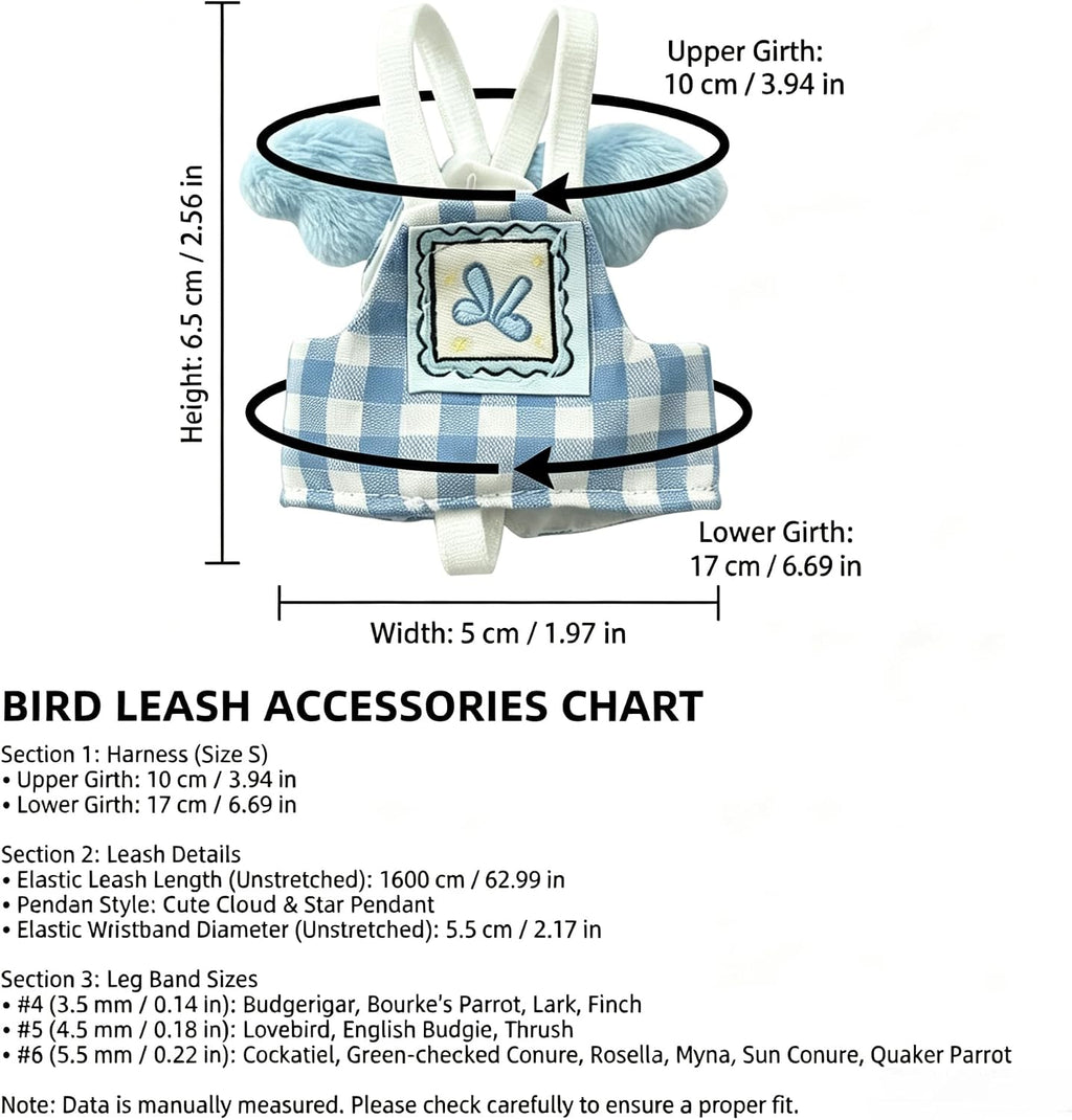 Dual-Use Bird Harness & Bungee Leash Set w/Wings, 3 Rings, Blue, Size S