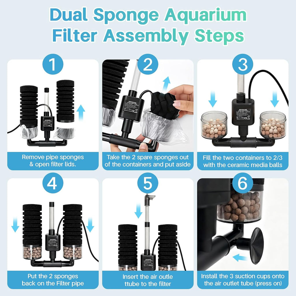 Electric Double Sponge Filter, 5W Ultra-Quiet Internal Power Filter with Venturi & Rain Mode, Submersible Aquarium Filter for 20-55 Gal Freshwater & Saltwater Fish Tanks(L)