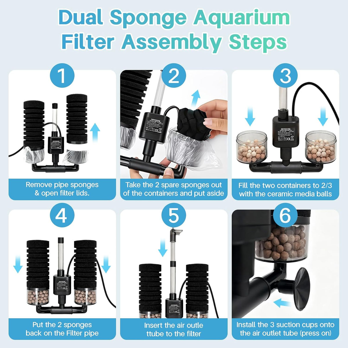 Electric Double Sponge Filter, 5W Ultra-Quiet Internal Power Filter with Venturi & Rain Mode, Submersible Aquarium Filter for 20-55 Gal Freshwater & Saltwater Fish Tanks(L)