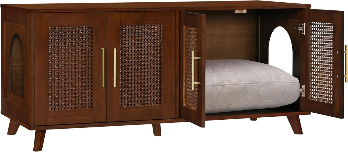 Christopher Knight Home Conmeo Cat Litter Box Enclosure with Plush Cushion, Rubber Wood Hidden Litter Box Cabinet with Breathable Rattan Mesh Doors, Indoor Pet House, Functional Sideboard, Walnut