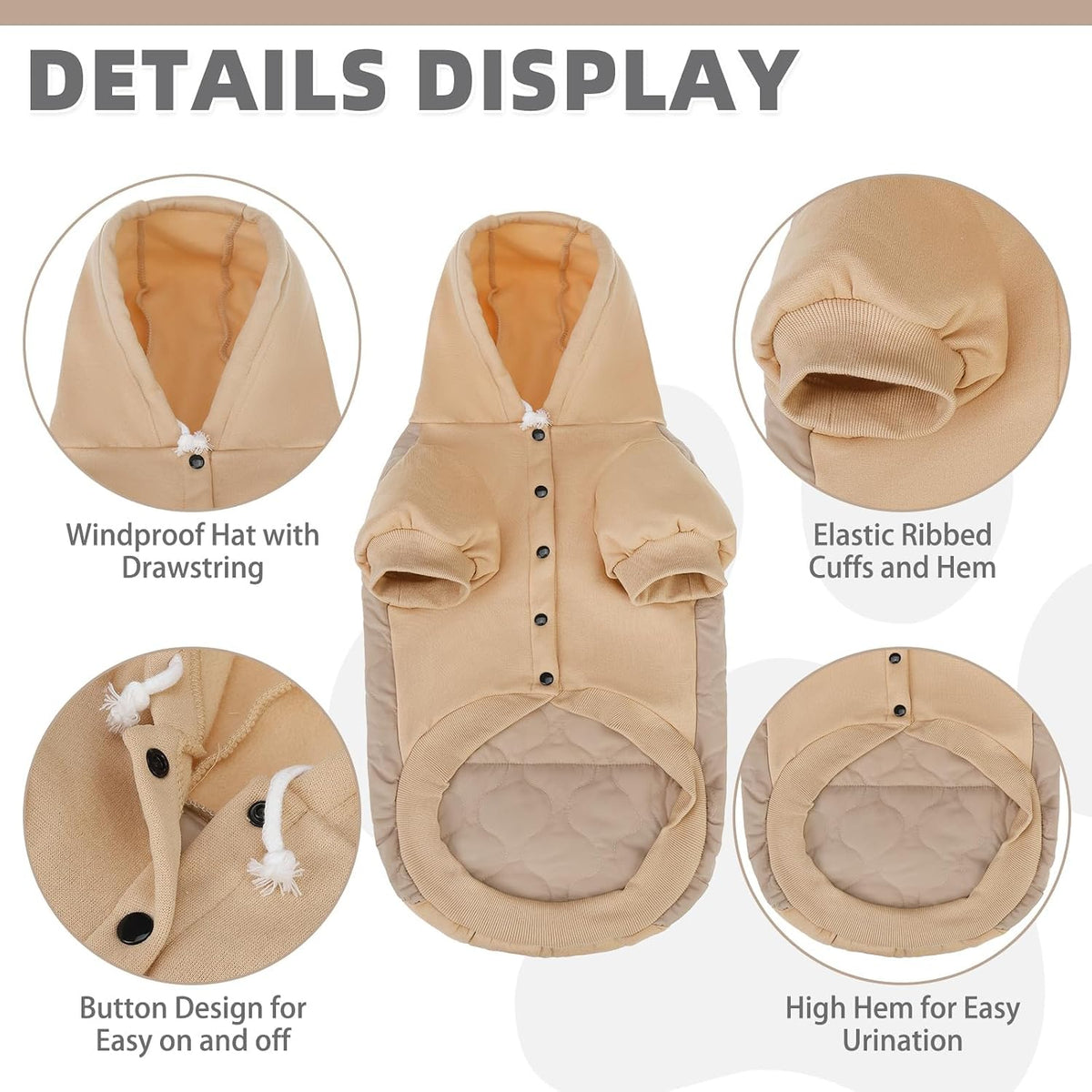KOOLTAIL Warm Dog Winter Coat for Small Dogs, Waterproof Puppy Jacket with Leash Hole, Cold Weather Pet Vest for Winter, Soft Pet Hoodie Sweater Sweatshirt Clothes for Puppy Cats Girls Boys Beige L
