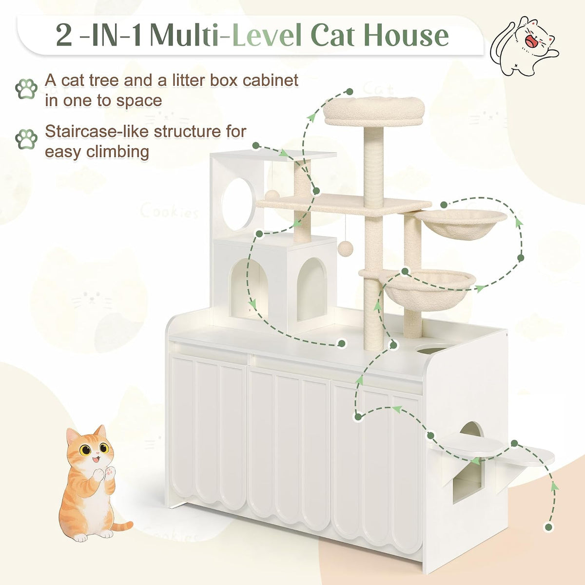 50.6" Cat Tree with Hidden Litter Box Enclosure, Modern White Cat Tower with Sisal Scratching Posts, Storage Cabinet, Hammocks, Platforms, Condo and Top Perch, Indoor Multi-Level Play & Rest Furniture