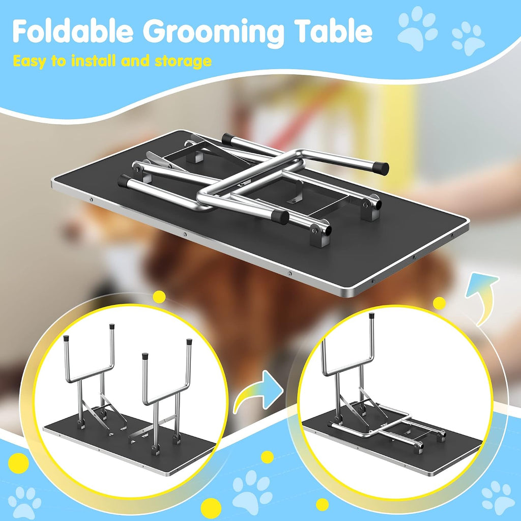 Lyromix 36'' Foldable Dog Grooming Table with Arms/Nooses/Mesh Tray, Black