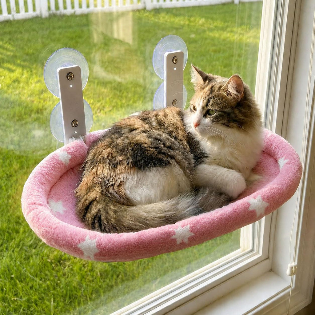 Cat Window Perch Hammock - Glow in the Dark Cordless Foldable Pet Bed with Sturdy Metal Frame & Strong Suction Cups, Star Print Resting Seat for Indoor Cats with Removable Washable Cover
