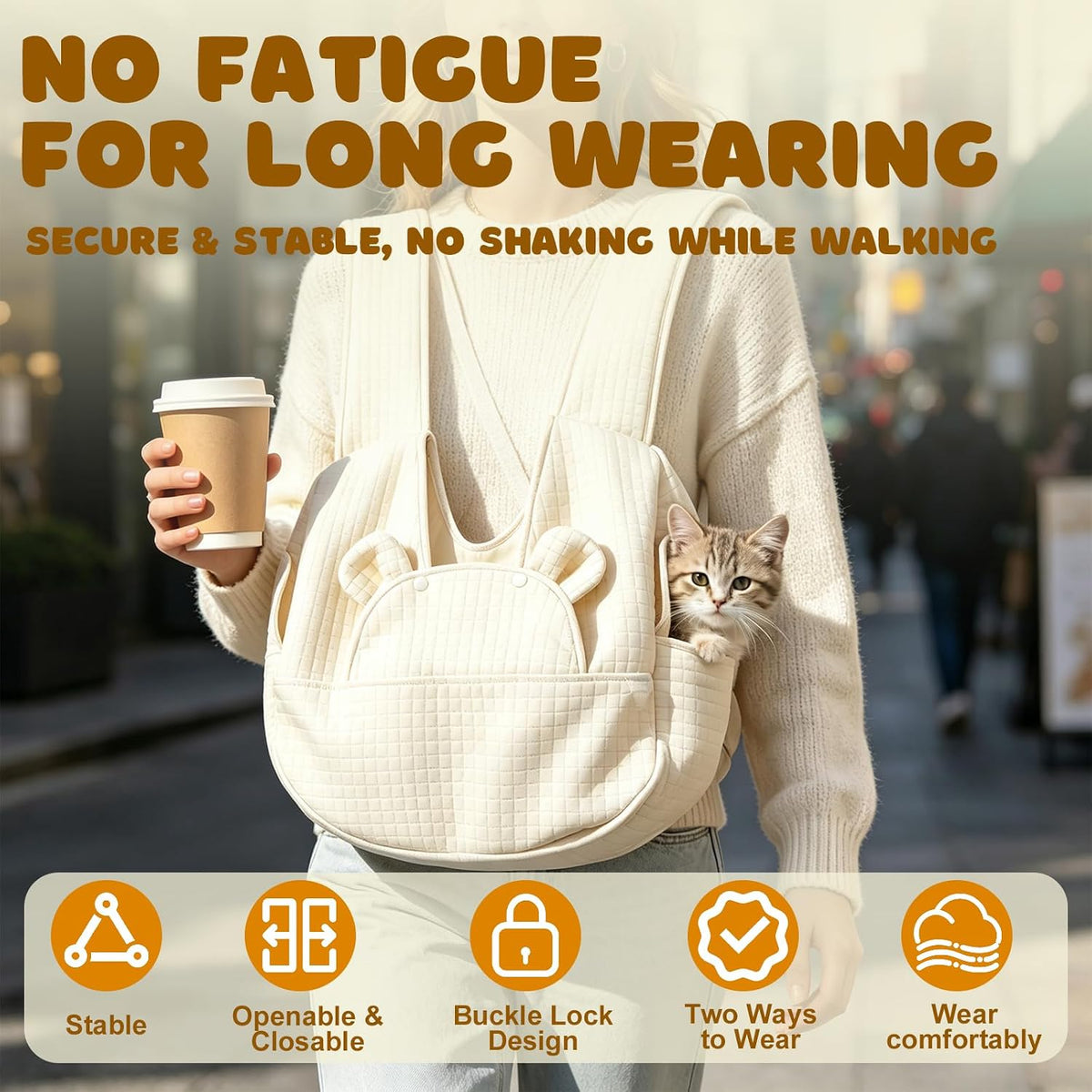 Portable Pet Front Backpack Sling Carrier, Adjustable Washable Cat Dog Travel Bag with Safety Strap and Removable Bottom Plate, Hands-Free Breathable Pet Carrier for Outings Hiking Travel