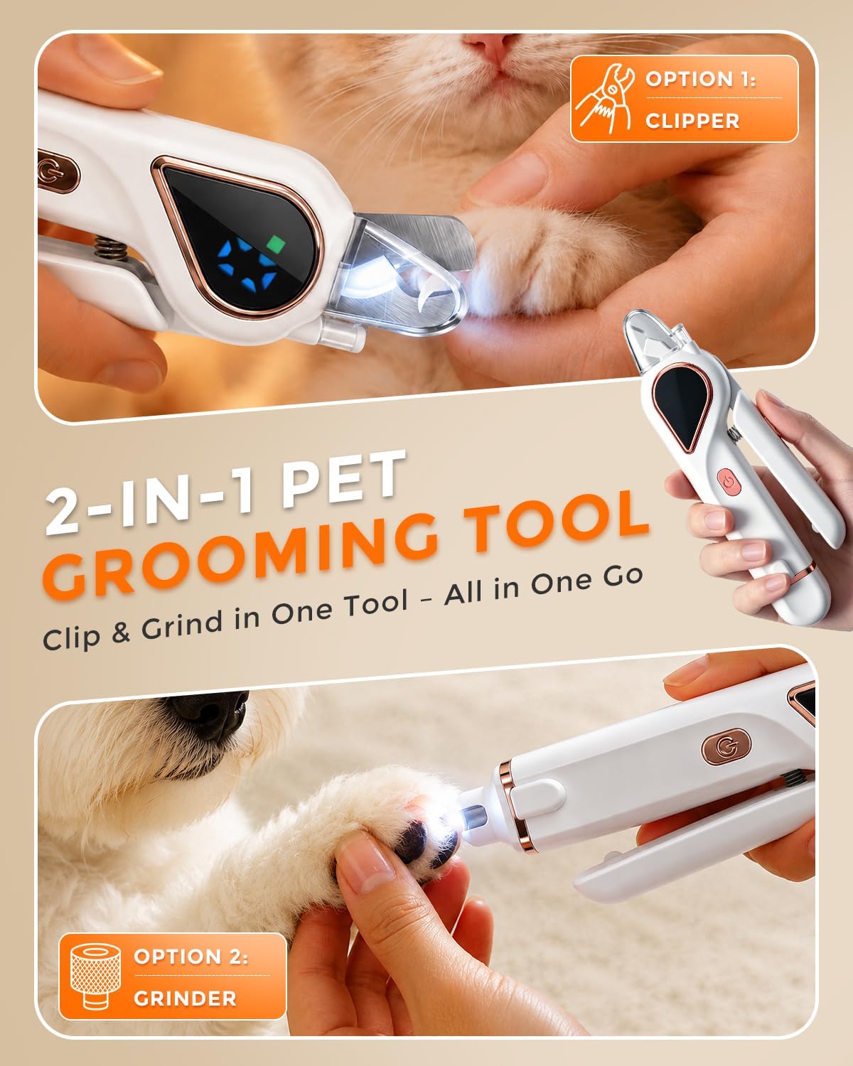 2-in-1 Dog Nail Clippers & Cat Grinder with Dual LED Lights (White)