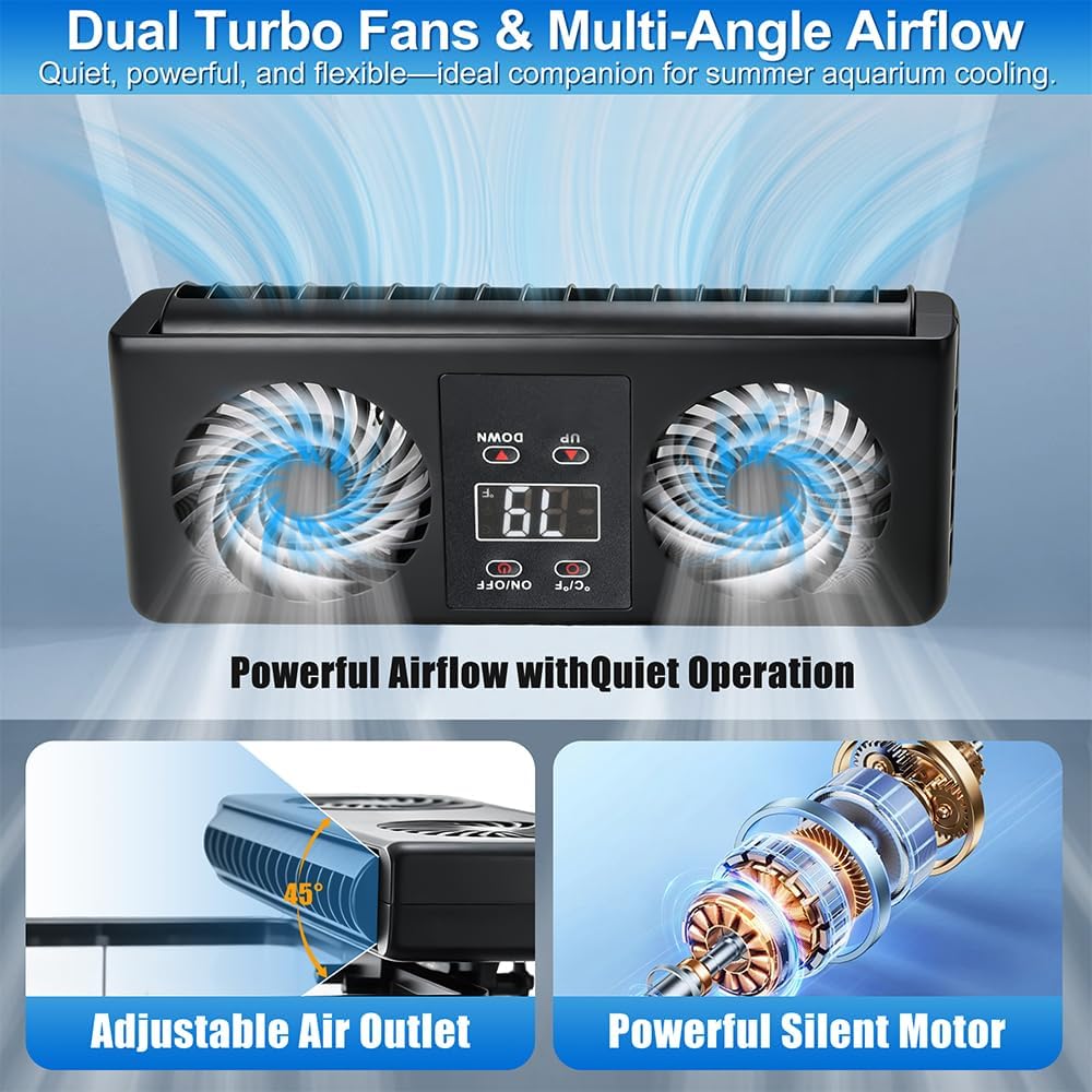 Aquarium Auto Temperature Control Chiller Fan Ultra-Quiet Fish Tank Cooler Fan Cooling Effect 3-8°F with Temperature Probe & LCD Display for Axolotl Betta Aquariums