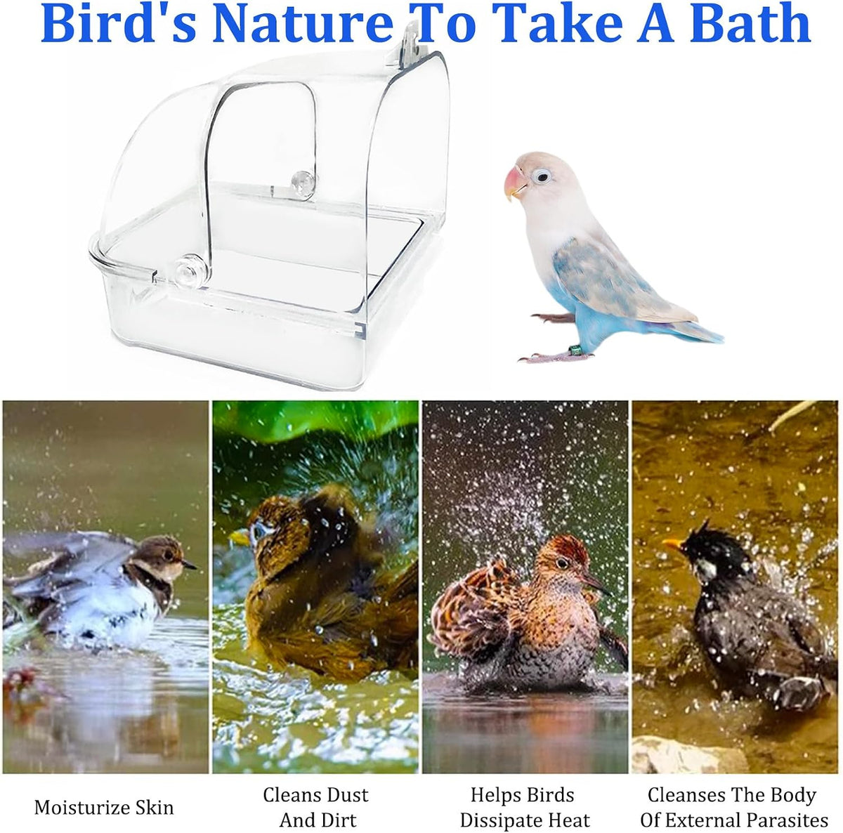 Tfwadmx Bird Cage Bath Hanging Parrot Bath Tub Water Shower Food Feeder Holder Tray Bird Bath Supplies for Small Birds Canary Budgies Cockatiel Lovebirds (Transparent)