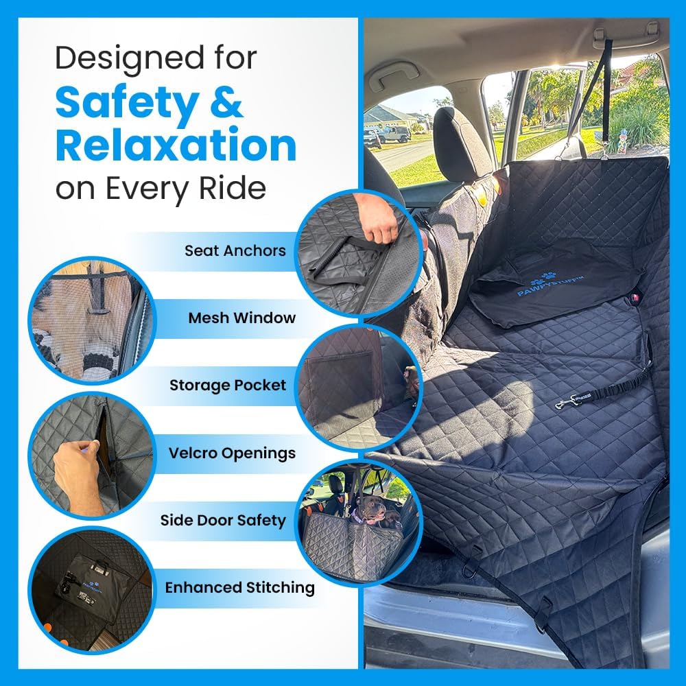 PAWPYSTUFF Backseat Extender for Dogs - Waterproof, Supports 350 lbs, Hard Bottom Dog Hammock for Cars, SUVs & Trucks | Scratch-Proof Dog Seat Cover, Non-Slip Pet Seat Protector with Safety Belt