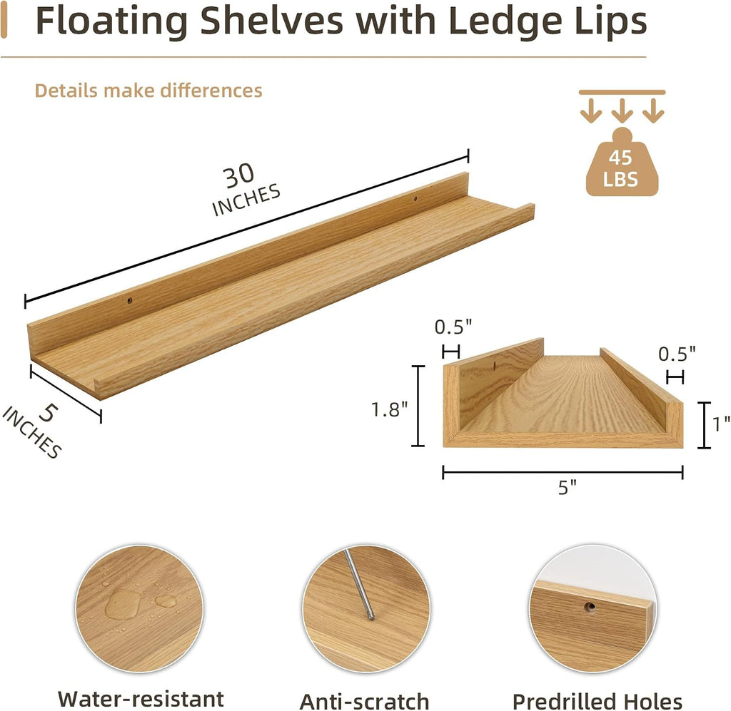 Picture Ledge Shelf, MDF Wood Floating Shelves Set of 2, Picture Ledge Photo Ledge Wall Mounted for Living Room Kids' Room Bedroom, Color Black (Oak, 30in-2pcs)