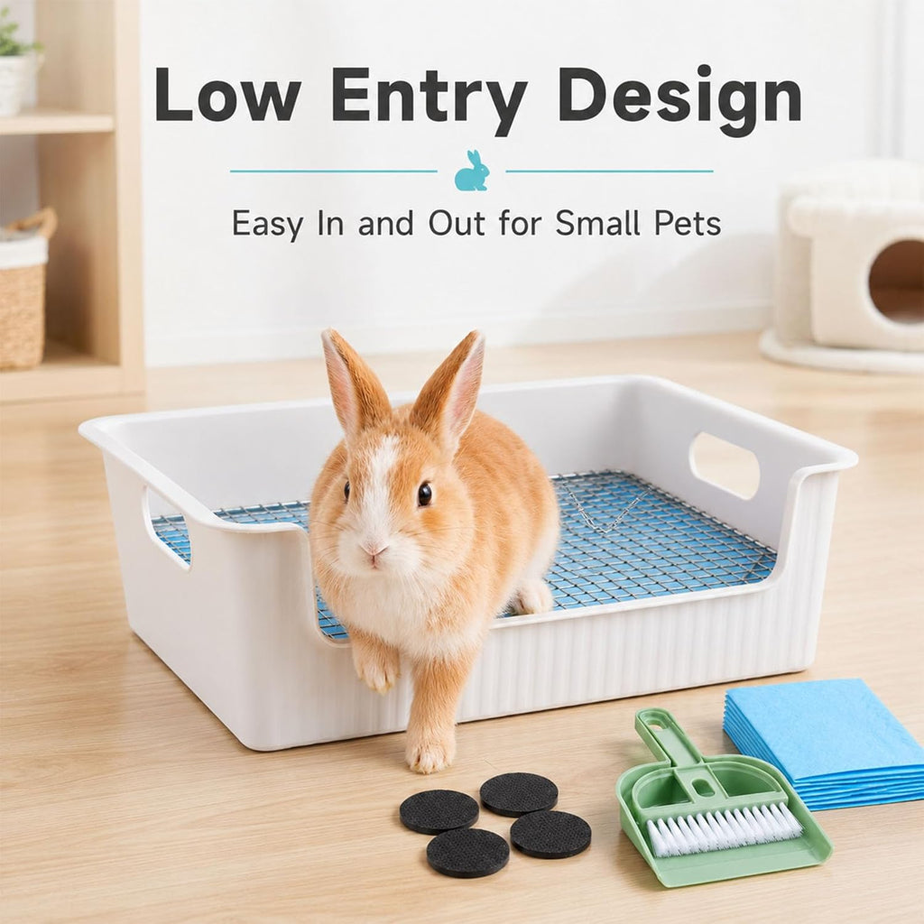 Rabbit Litter Box with Grate, Large Bunny Litter Pan for Cage, PP Toilet Tray with Removable Stainless Steel Grid, 10 Pee Pads, Brush and Non Slip Feet