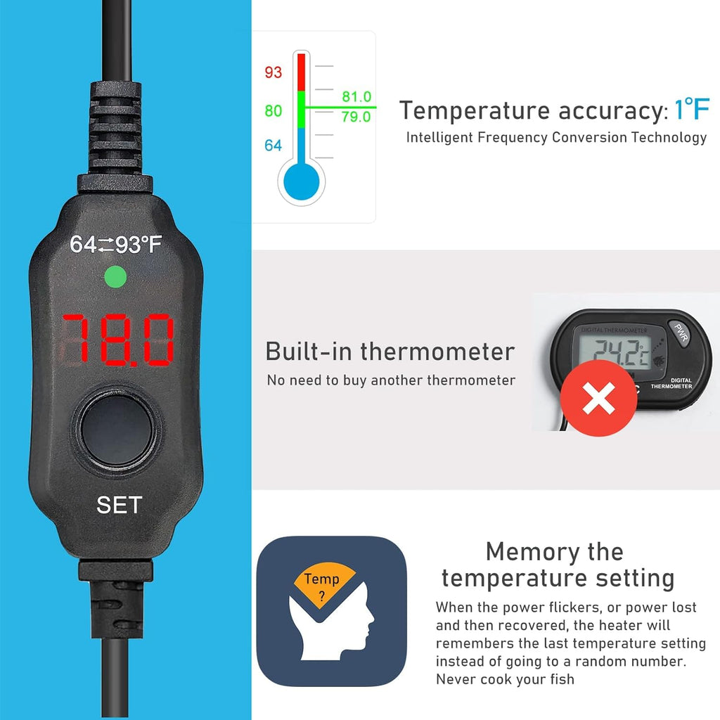 YukiHalu Small Submersible Aquarium Heater, Adjustable Mini Fish Tank Heater 25W 50W 100W 200W 300W with External Temperature Controller, LED Display, Used for 5/10/20/40/60 Gallons (50 Watts)