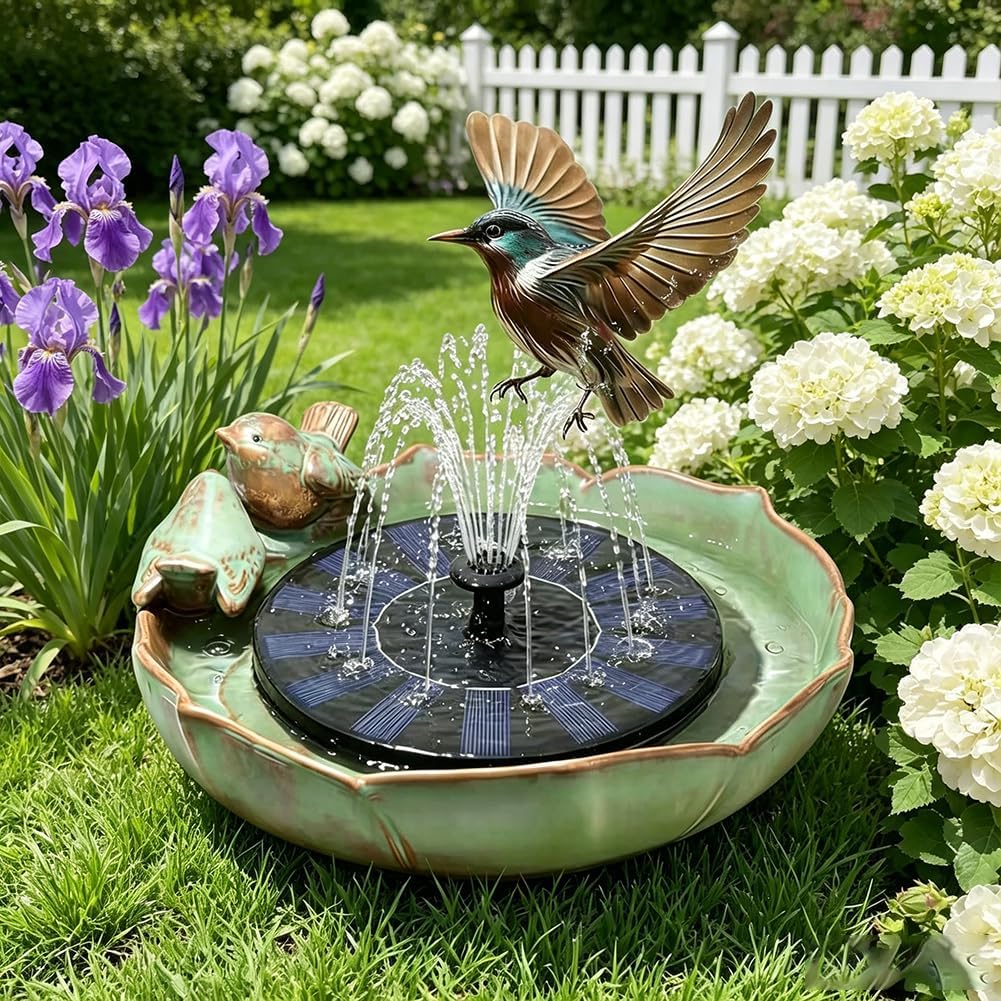 Bird Bath Bowl with Solar Fountain for Outdoors, 9.4" Ground Table Top Birdbath with Solar Powered Pump, Weather Resistant Hummingbird Water Feature for Garden Patio Deck Balcony Lawn Yard Home