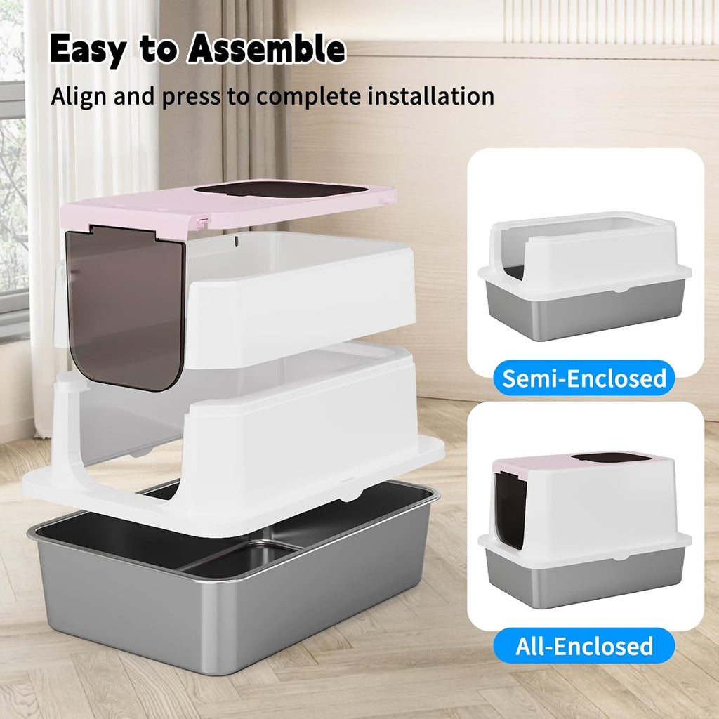 RIZZARI Stainless Enclosed Litter Box: with Scoop & Odor Control