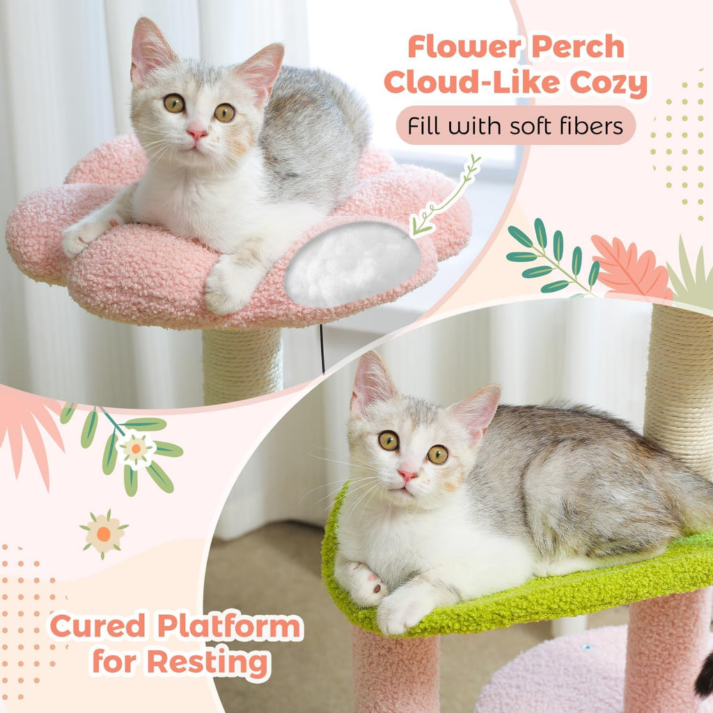 PAWZ Road Flower Cat Tree 32" Small Cat Tower with Curved Perch Bed