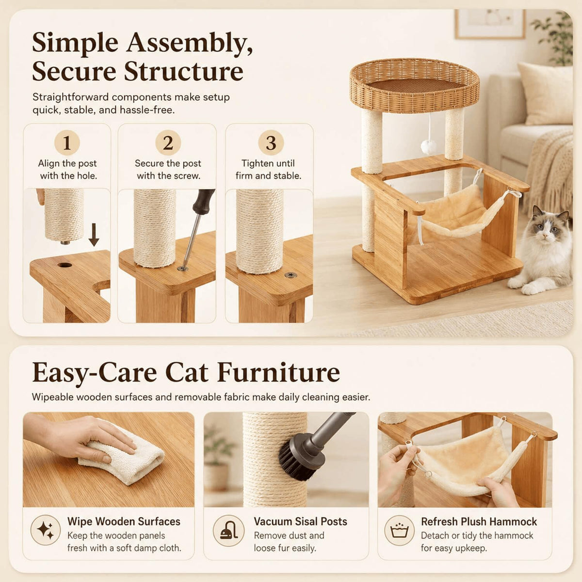 Solid Wood Cat Tree for Indoor Cats,28in Compact Cat Tower