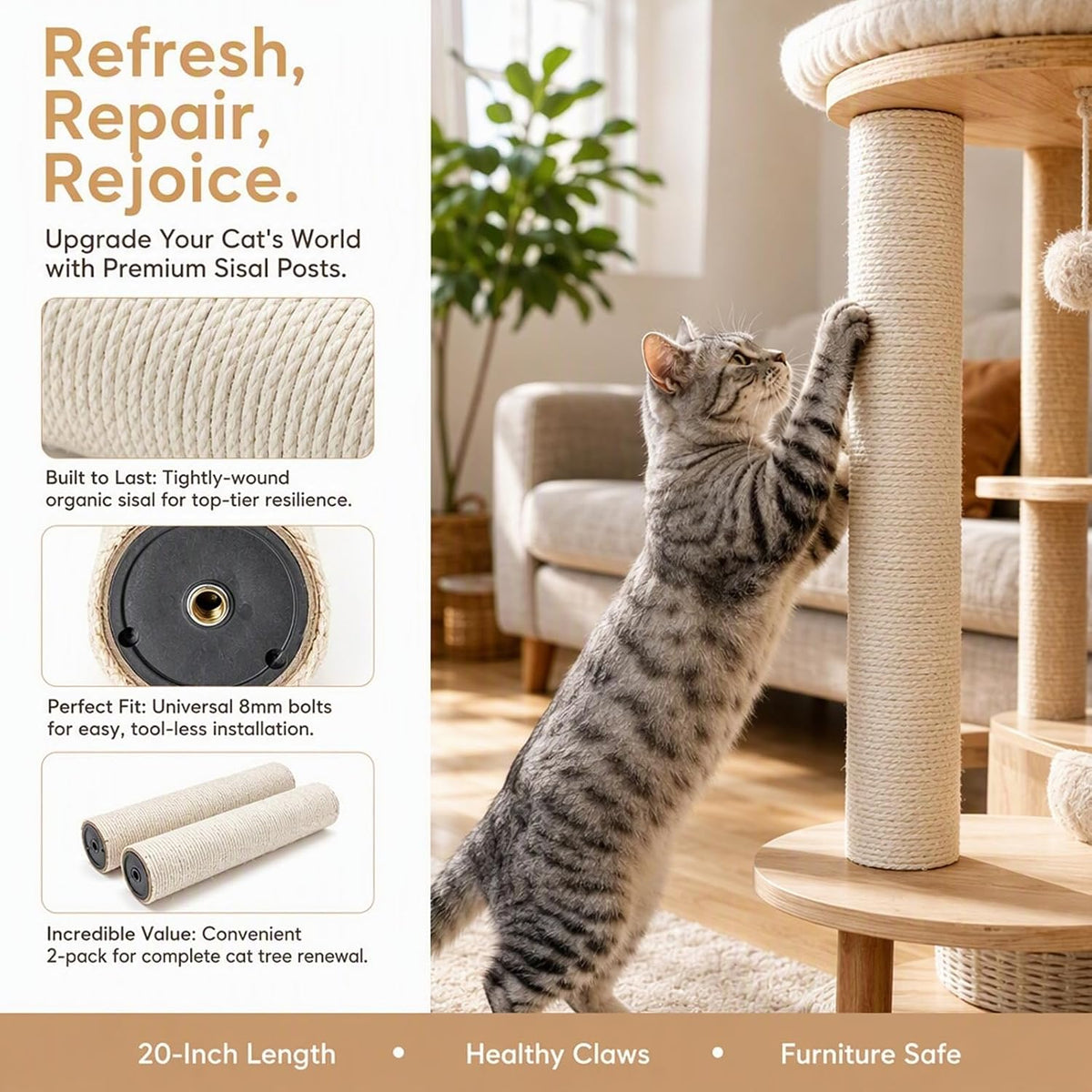 Cat Scratching Post Replacement Pole, 20 Inch Cat Tree Replacement Post, Natural Sisal Tree Parts