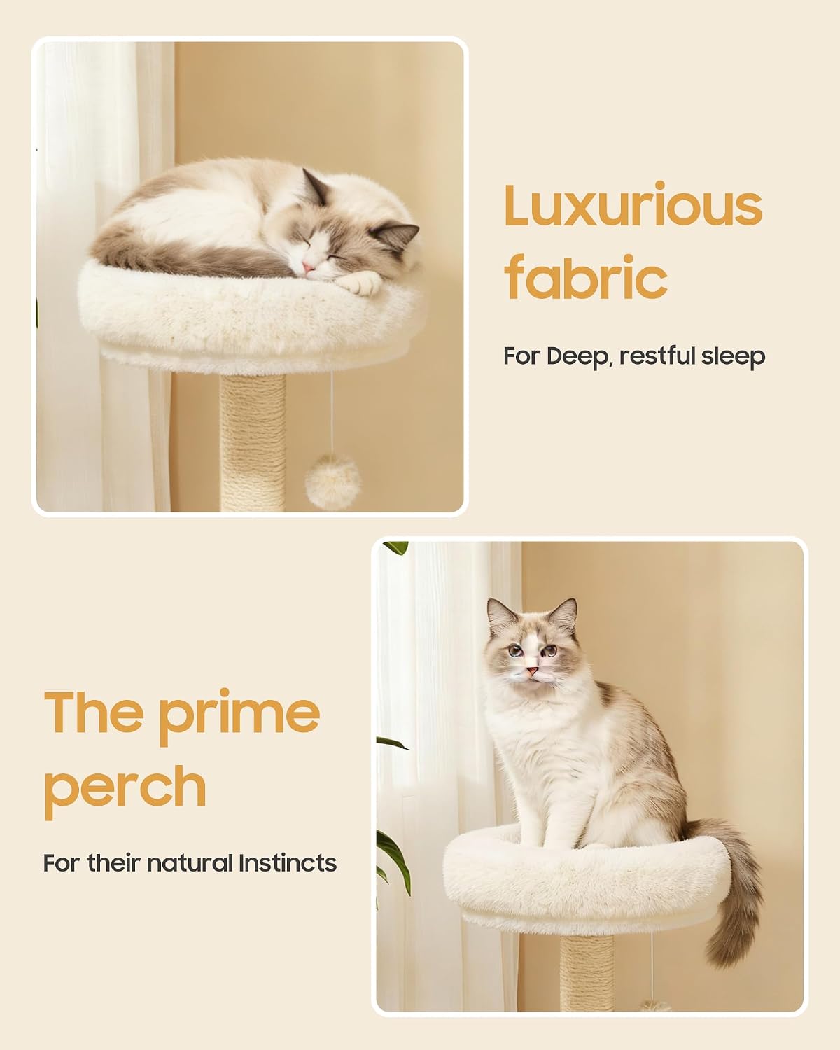 Cat Tree, 34.3 Inches Cat Tower with Scratching Post, Condo, Interactive Hanging Ball, Plush Perch for Indoor Large Cats, Beige