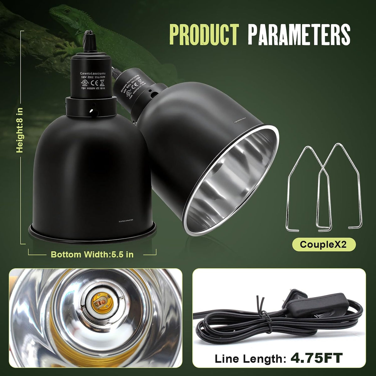 2-Pack Reptile Light Fixture 5.5in Deep Dome Reptile Lamp Fixture Heat Lamp Fixture for Heat/UVA/UVB Bulb Basking Lamp Max 160W for Reptile Habitat