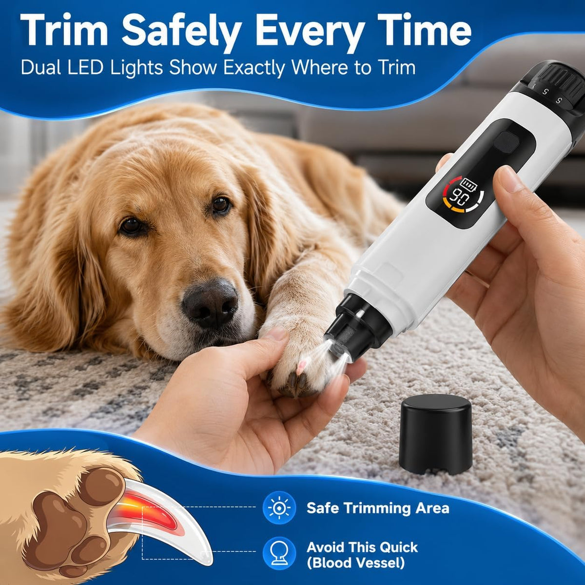 Dog Nail Grinder, Professional 6-Speed Super Quiet and Low Vibration Electric Pet Nail Grinder with LED Lights - Painless Paws Grooming & Smoothing for Small to Large Dogs