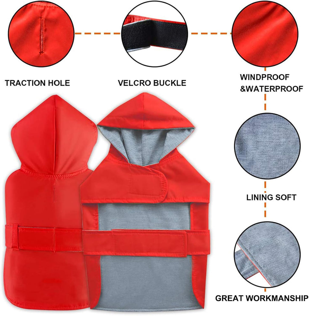 Dog Raincoat Dog Rain Jacket Waterproof Pet Rain Suit Double-Layered Poncho Hooded Warm Lining Leash Hole Adjustable for Medium Dogs,Red,XXXL,Back Length 17-21.5 inches