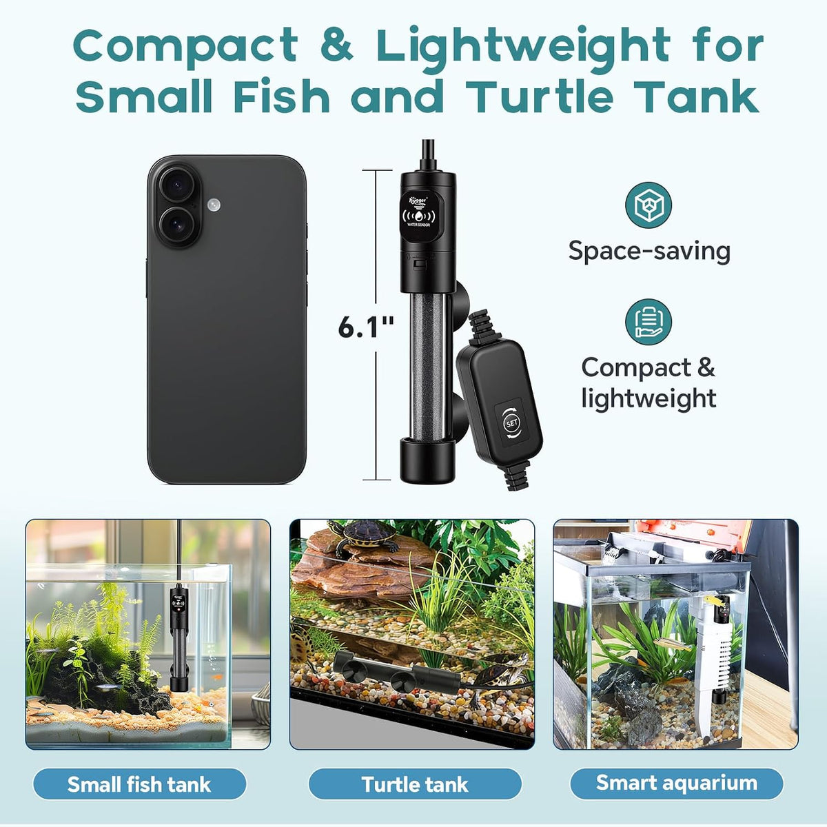 hygger 50W Submersible Aquarium Heater with Digital Temperature Controller, Mini Fish Tank Heater for 5–10 Gallon Tanks, Overheat & Out-of-Water Protection, Freshwater & Saltwater