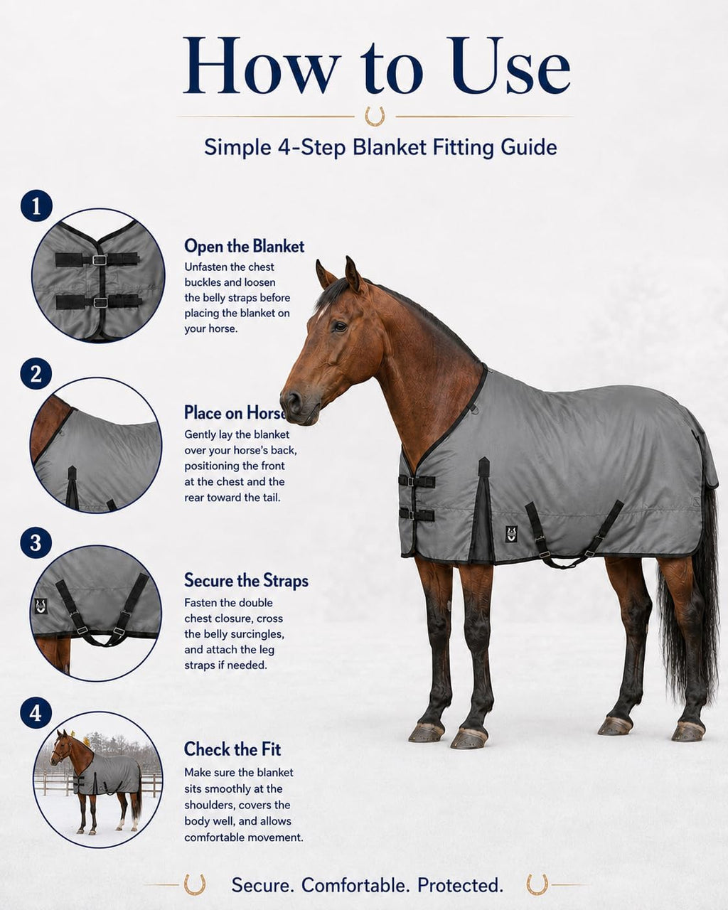 Horse Blanket 600D Ripstop Winter Turnout Blanket, 250 GSM Polyfill, 100% Waterproof & Breathable, Cold Weather Horse Blanket with Secure Fit (Grey w/Black Trim),Size-78