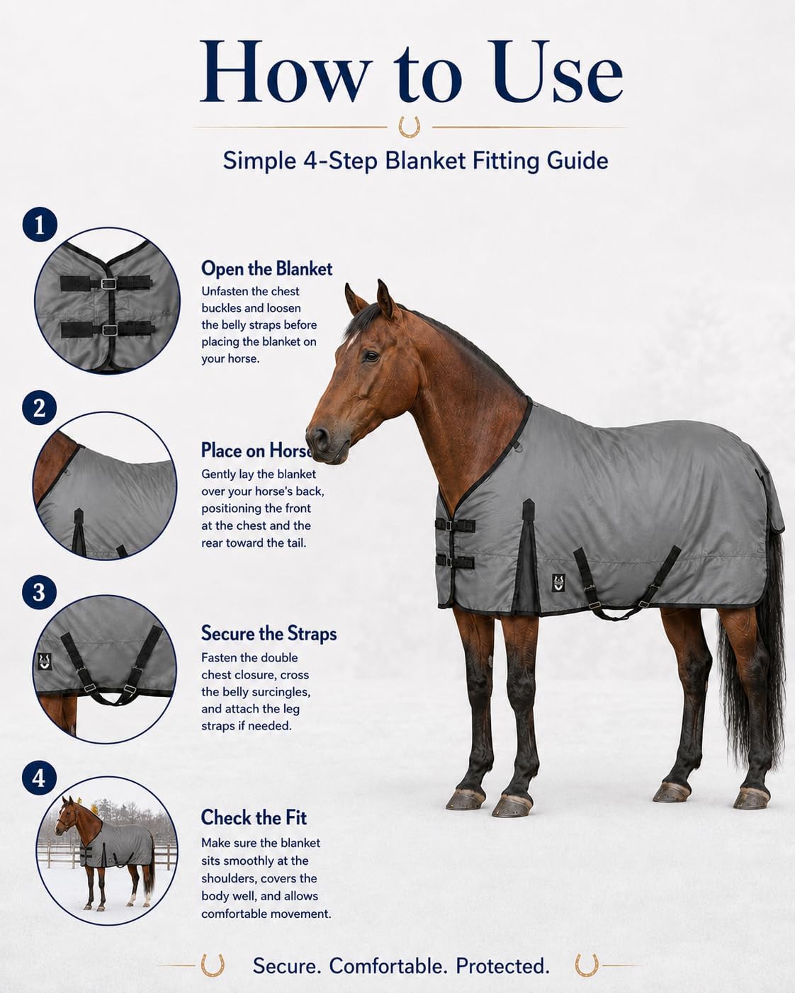 Horse Blanket 600D Ripstop Winter Turnout Blanket, 250 GSM Polyfill, 100% Waterproof & Breathable, Cold Weather Horse Blanket with Secure Fit (Grey w/Black Trim),Size-78