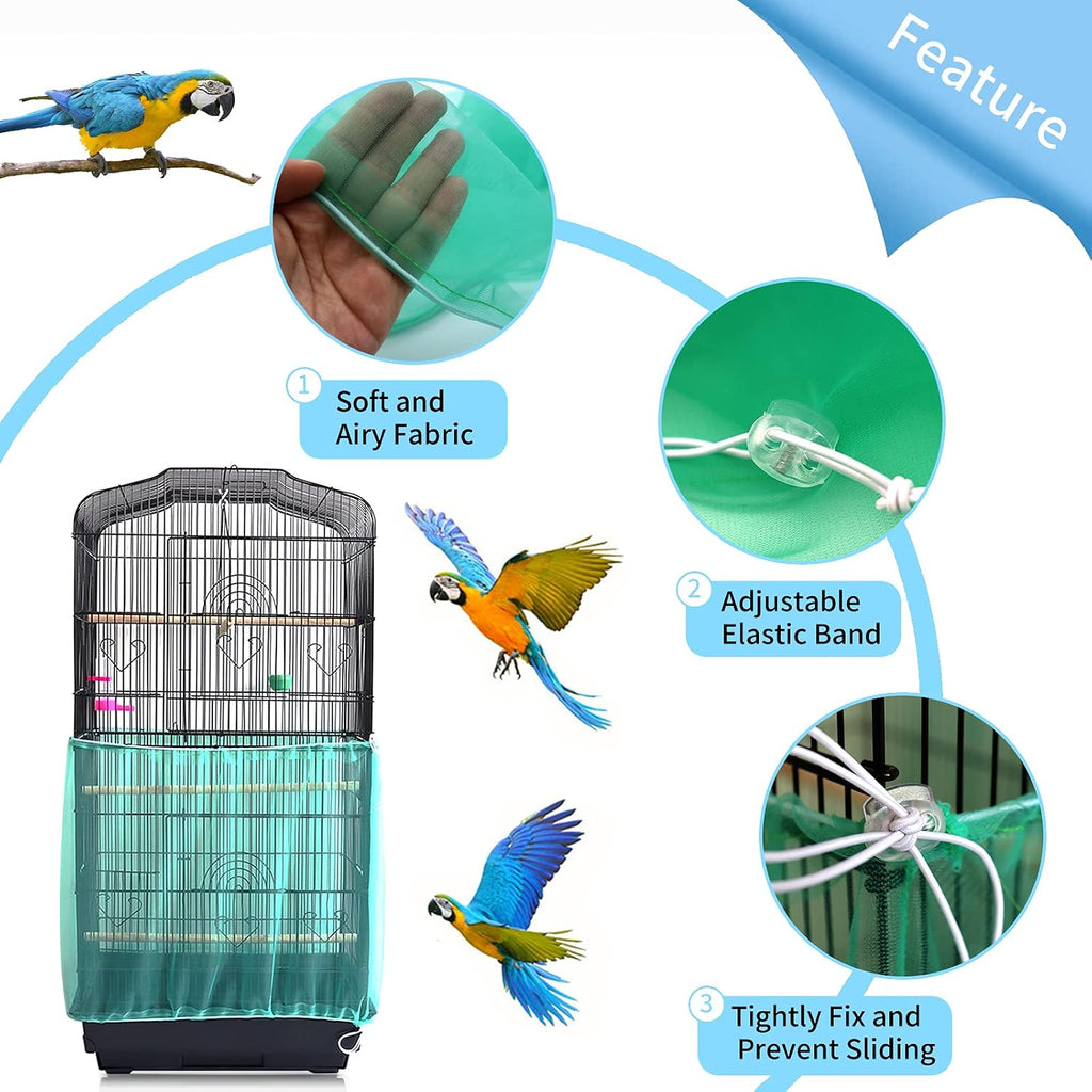 Daoeny Universal Bird Cage Cover, Adjustable Seed Feather Catcher, Soft Airy Nylon Mesh Parrot Net, Birdcage Cover Skirt Sheer Guard for Round Square Cages (Green)