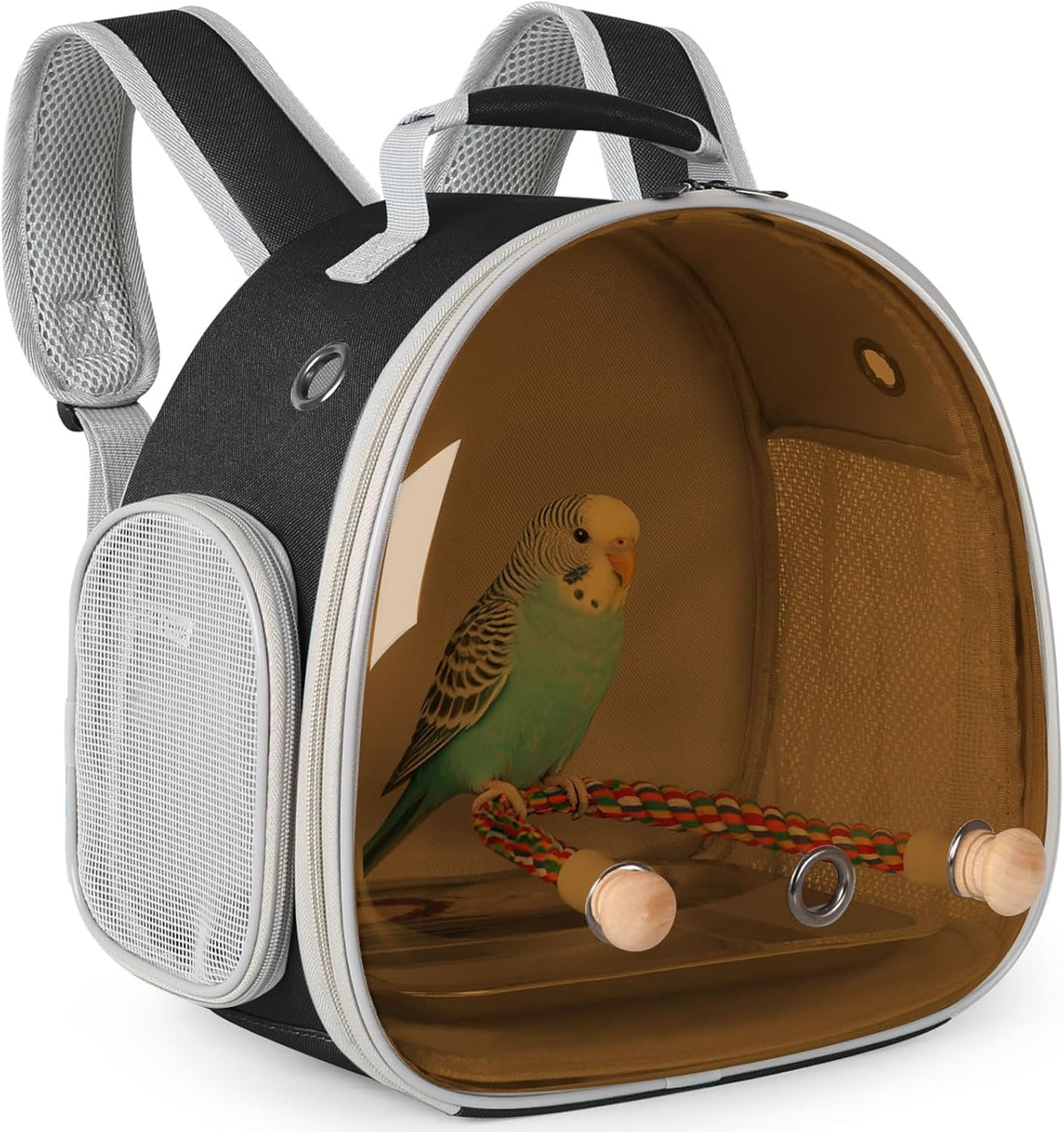 Small Bird Travel Backpack Carrier Cage, Backpack to Transport Backpack Carrier with Metal Tray Stand Perch for Parakeet Cockatiel Budgies Vet Carry Book Bag Black