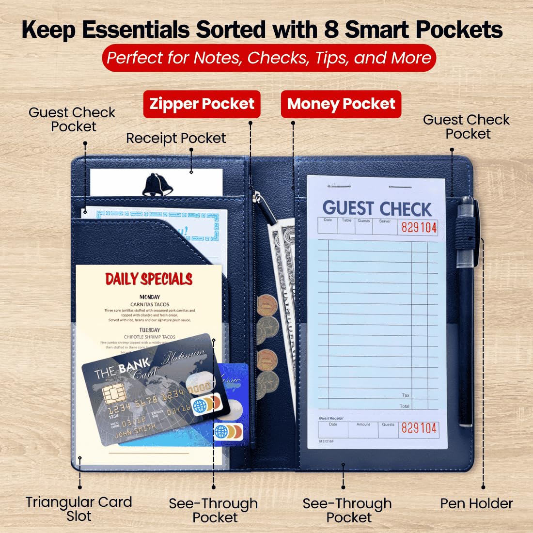 LINTRU 5x8 Server Book, 8 Pocket Zipper Organizer, Fits Apron, Classic Blue