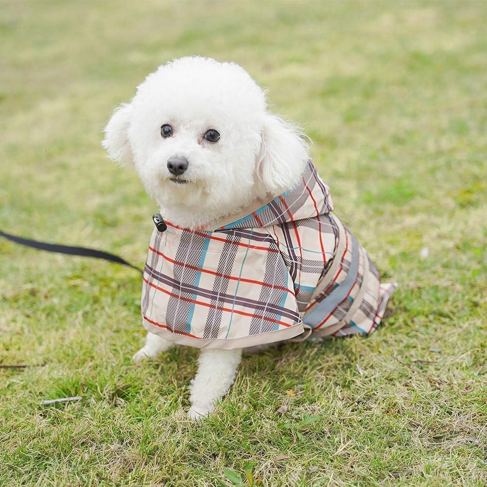 KOOLTAIL Dog Raincoat Hooded Slicker Poncho with Leash Hole, Raincoat for Small Medium Dogs, Waterproof Doggie Rain Jacket with Reflective Strip, Adjustable Breathable Plaid Puppy Rainwear-Beige XS
