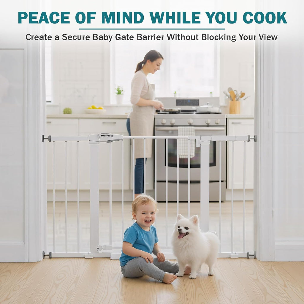 Mumeasy 29.7–48" Baby Gate for Stairs, Dog Gate for Doorways, Auto Close Child Gate, Indoor Safety Pet Gate with Walk Thru Door, Easy Install Pressure Mounted Extra Wide Gate for Kitchen, House,White
