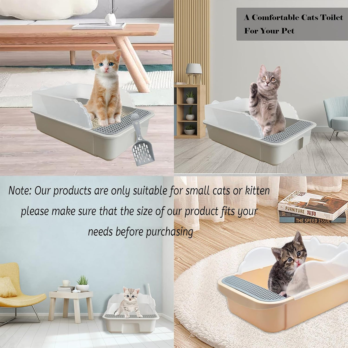Open Cat Litter Box with High Side,Anti-Splashing Cats Litter Pan Semi-Enclosed Removable Cats Litter Boxes with Litter Sifting Scoop Open Top Kitty Toilet for Easy to Clean(Khaki)