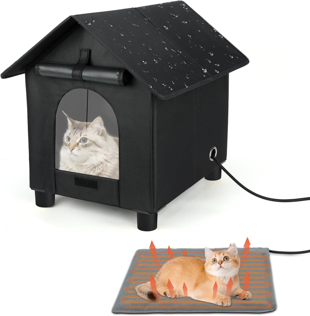 Heated Cat Houses in Winter Waterproof, Elevated Heated Outdoor Cat House Insulated Outside Feral Cat House Shelter with Escape Door for Cats or Small Dogs (Grey, Small (13.4"x16.9"x18.5"))
