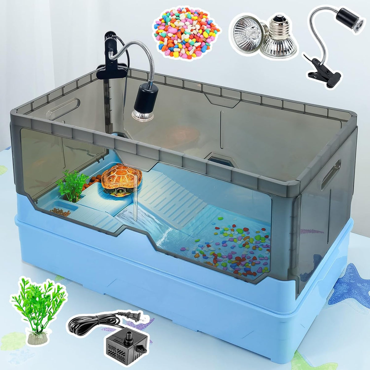 Large Turtle Habitat Kit with Heat Lamp, Filter & Pump(Green, Large)